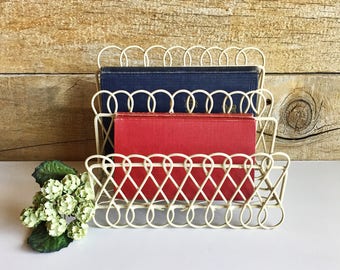 Metal letter holder. Cream colored two slot letter organizer.