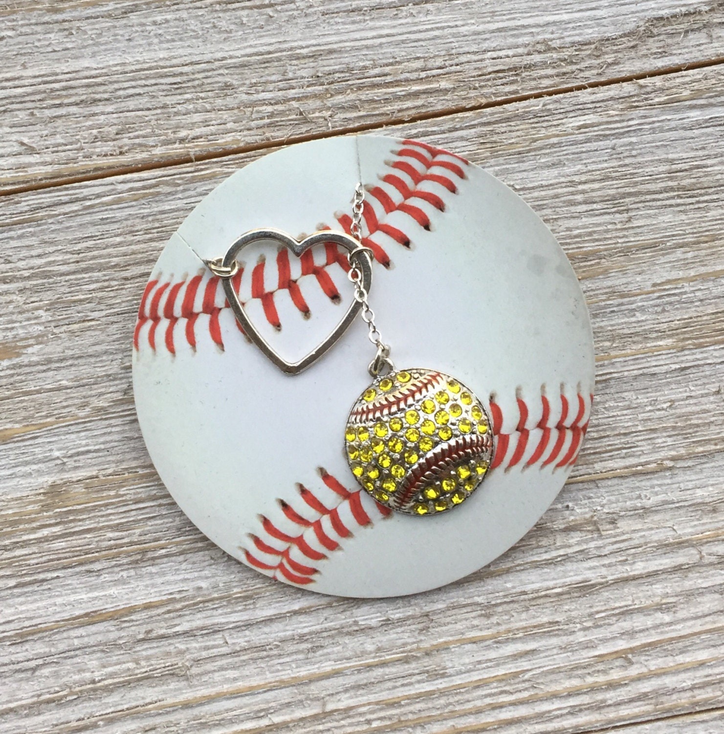 Softball Necklace with Rhinestones and Heart handmade jewelry