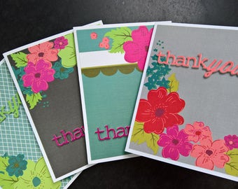 Floral Thank You Cards Set of 4, Handmade Thank You Notes, Floral Stationery Set, Flower Thank You Notecards Set