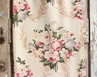 Pink English Cabbage Roses Lavender Tulips Floral Vintage 1930s Vintage Nubby Barkcloth Fabric Drapes Drapery Curtains Panel