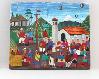 Vintage Tigua Hide Painting Ecuadorian Folk Art