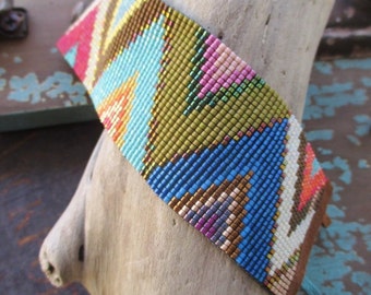 Multi color abstract wide beaded leather bracelet - Alpine - colorful fringe tassel friendship bracelet boho by slashKnots