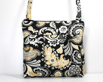 Gray, Yellow, and White on Black Small Pleated Shoulder Purse Sling Bag Hobo Shoulder Bag Cross Body Bag Crossbody Bag - Ready to Ship