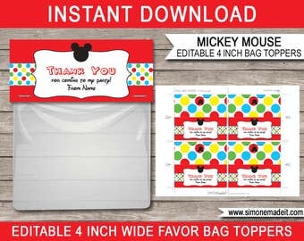 Mickey Mouse Favor Bag Toppers - Mickey Mouse Theme - Birthday Party Decorations - 4 inches wide - INSTANT DOWNLOAD with EDITABLE text