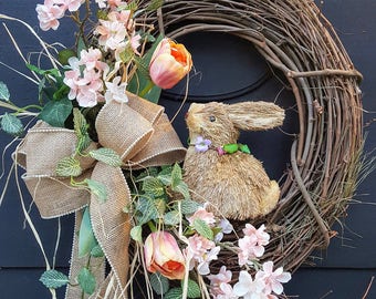 Easter wreath with rabbit, spring door decorations, Easter wreath, spring outdoor wreaths