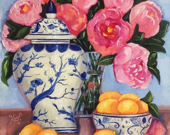 Original still life painting: Chinoiserie Still Life with Blue and White Ginger Jar, Lemons and Pink Peonies, oil painting, fine art canvas