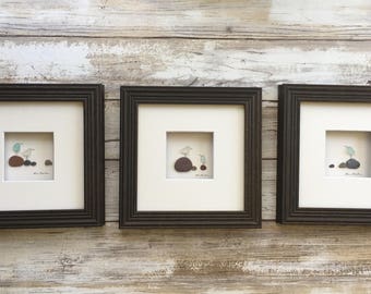 Set of three 5 by 5 seabird seaglass and pebble pictures by sharon nowlan custom made per order