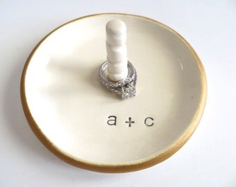 Ring dish, Ring Holder, Custom Engagement gift, Wedding Gift, Gift for Couple, Bridal Shower Gift, Ring Cone, White, Gold, Ceramic Pottery