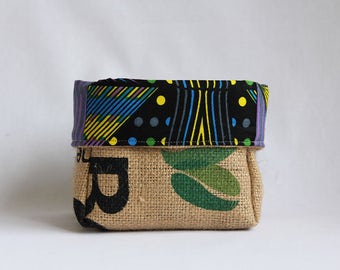 Upcycled Coffee Sack and African Wax Print Slouch Storage Basket Small