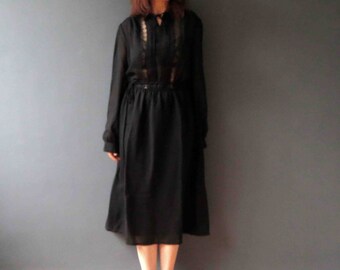 Vintage 70s Black Boho Dress with Lace Bib Small