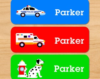 Kids Heroes Waterproof Name Labels, Personalized Firetruck Labels, Cop Car Baby Bottle Labels, EMT Ambulance Daycare Labels, Dishwasher Safe