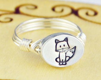 Sitting Fox Ring-Sterling Silver Filled Wire Wrapped Ring with Hand Stamped Pewter Bead- Any Size 4, 5, 6, 7, 8, 9, 10, 11, 12, 13, 14