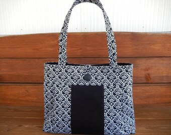 Handbag Purse Fabric Handbag Fashion Accessories Women Handbag Large Shoulder Bag in Black with White and Gray Scallop print