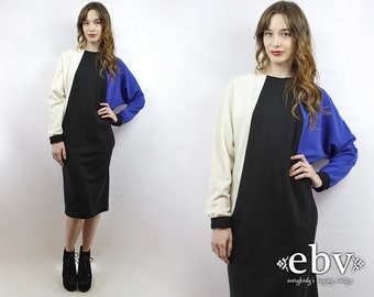 Colorblock Dress Batwing Dress 1980s Dress 80s Dress Vintage 80s CREAM + BLACK + BLUE Colorblock Midi Dress 80s Midi Dress Black Dress M L