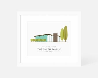 Mid Century Modern House Art / Personalized Housewarming Gift / New Home Print / Modern Personalized Wedding Gift / Eichler House