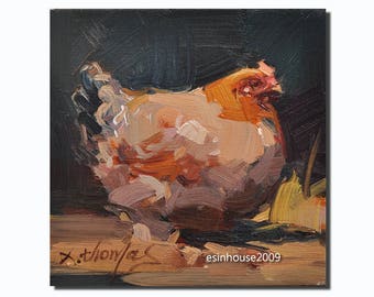 Western hen portrait chicken Original oil Painting on canvas panel 15CMX15CM