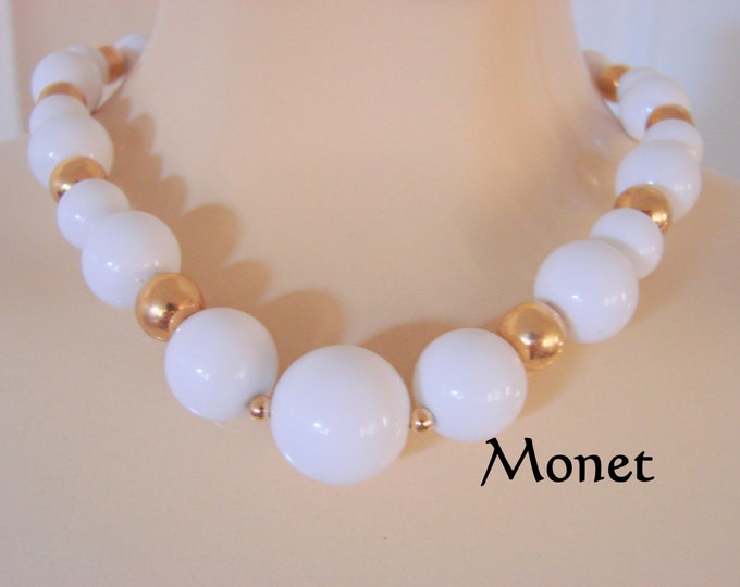 Vintage Monet White Lucite Goldtone Bead Necklace Designer Signed Jewelry Jewellery