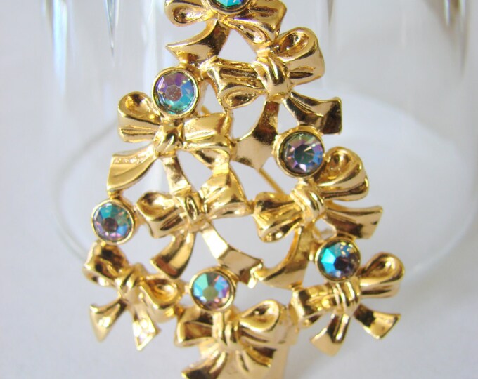 Vintage Avon Christmas Tree Aurora Borealis Rhinestone Brooch Jewelry Jewellery