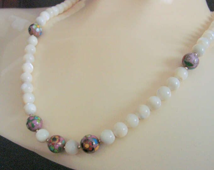 Vintage Mother of Pearl & Cloisonne Bead Necklace / Filigree Clasp / Jewelry / Jewellery