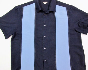 Mens shirt , size Large , bowler , color block , navy and light blue , hipster,dude shirt , retro , button up shirt , hipster ,