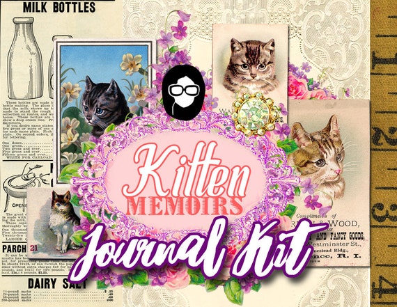 Junk Journal kit - Kitten Memoirs - 11 Journal Refill Pages, printable diary pack, vintage junk journal, floral digital paper, diy journal