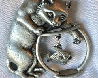 Vintage JJ Cat Brooch Fish Bowl Pin