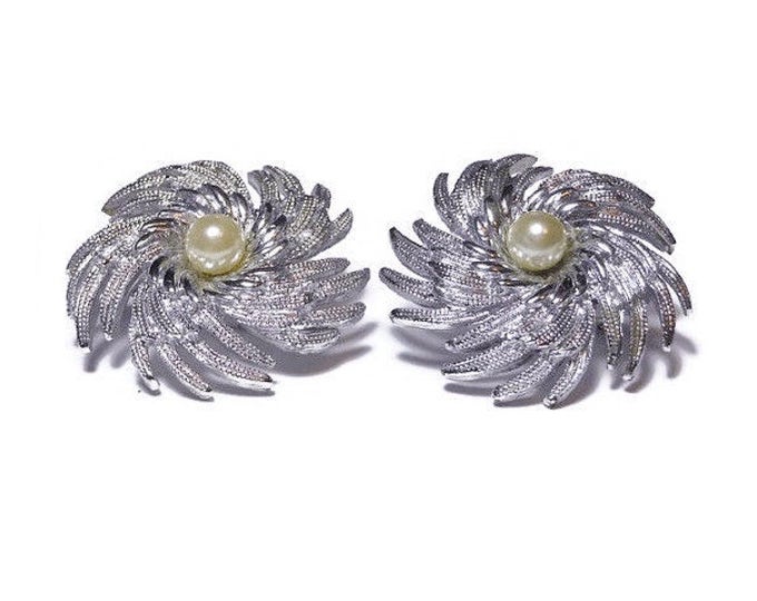 Sarah Coventry brooch earring set, Silvery Sunburst 1960s pinwheel swirl design, brooch and clip earrings demi parure set