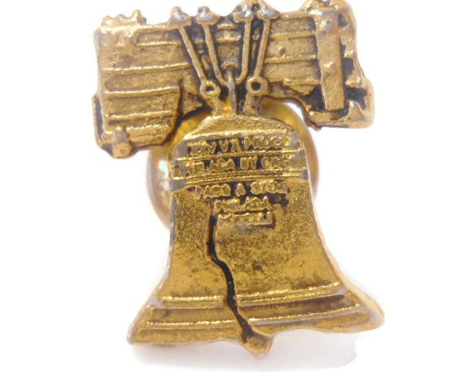 Liberty bell lapel pin, Rafaelian signed, American independence, cracked bell, Philadelphia landmark, patriotic tie tack tac, antiqued gold