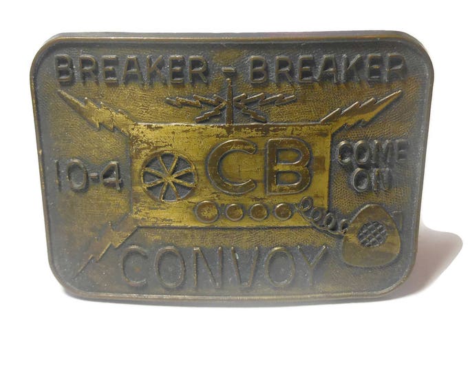 CB belt buckle, Breaker Breaker 10-4, Convoy Come on, Citizen's Band radio, CB radio, bronze western belt buckle, radio tower vintage