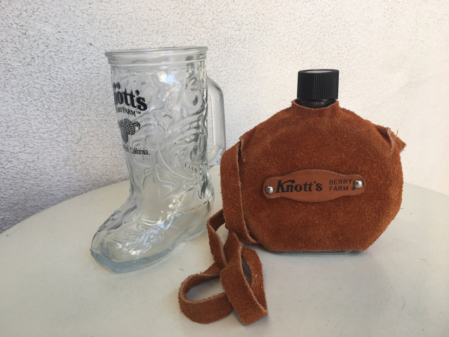 Vintage Knott's Berry Farm glass boot cup and suede
