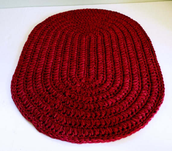 Burgundy Red Oval Rug Thick n Plush Bath Mat Crocheted