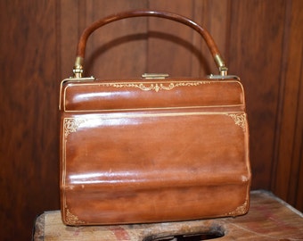 Vintage Scuola del Cuoio Brown Leather Handbag with 22 KT Gold Decoration