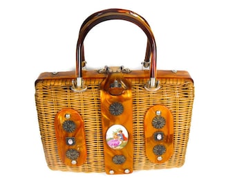 Vintage "Stylecraft" Wicker Purse - 1960's Wicker Purse, Mid Century Wicker Lucite Purse, Copper Marble Lucite Bag, 1960's Wicker Handbag