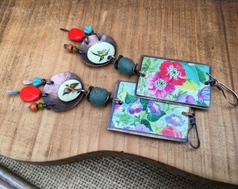 Rustic Vintage Tin *Flourishes* earrings n270- Floral Tin . Garden . Repurpose Tin . Artisan tribal Assemblage Gypsy Vintage Tin