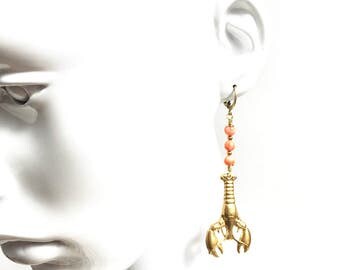 Fabulous Coral and Brass Beaded Lobster Earrings