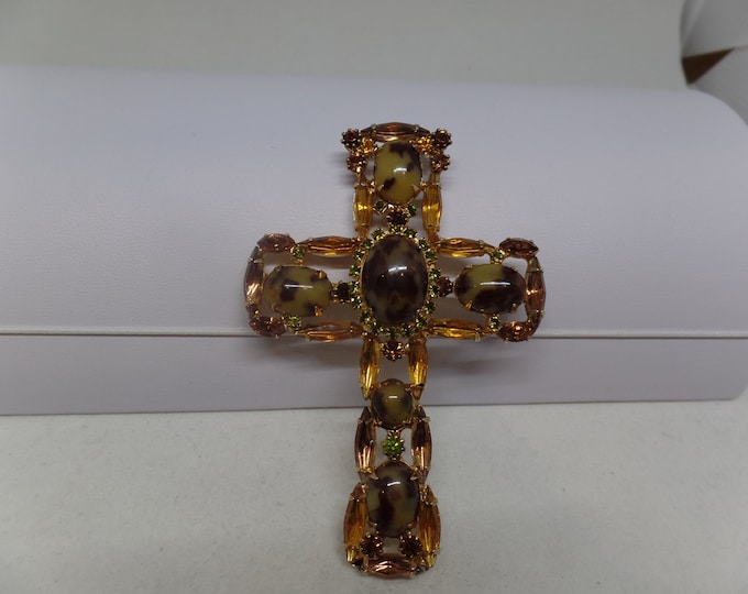 JULIANA Vintage Citrine & Peridot Crystal Cross Pendant/ Brooch! Rare!