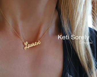 Celebrity Style Handmade Script Name Necklace (Lauren Style) - 10K, 14K or 18K Gold, Sterling Silver or 14K Gold Filled