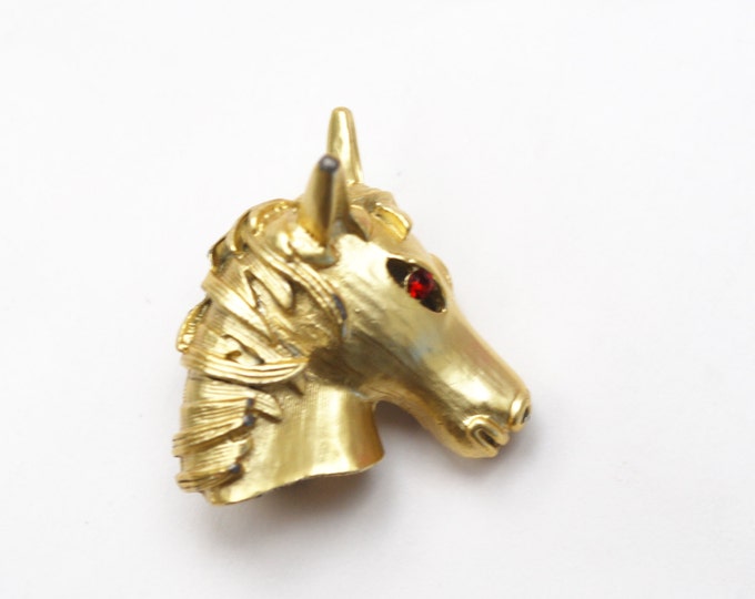 Gold Horse Head Brooch - Red rhinestone eye - Figurine - Equestrian pin