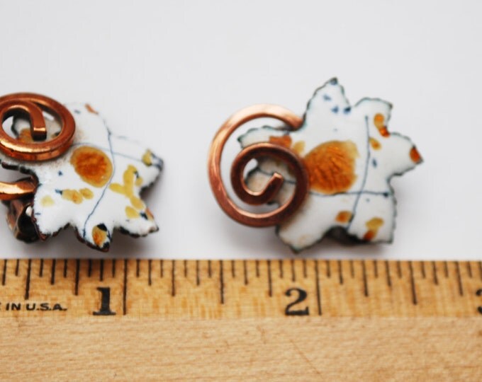 Copper Leaf Earrings - White Gold Black Enamel - Signed Renoir Matisse - Mid Century - Swirl