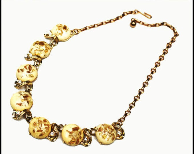 Vintage Confetti Thermoset link necklace - signed Coro - Cream with gold confetti - Mid century Necklace