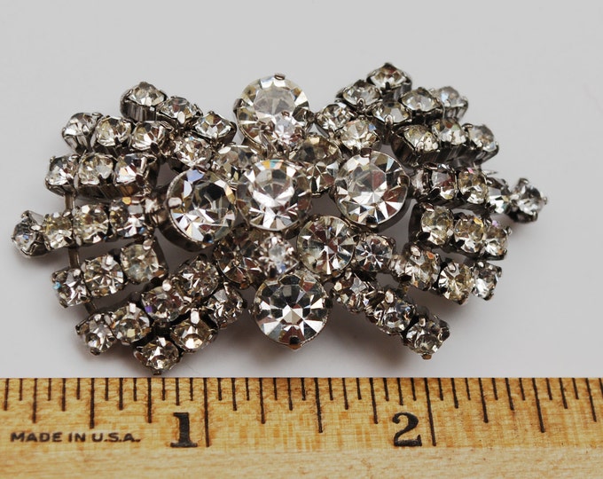 Rhinestone Bar Bow Brooch - Clear Ice - Silver - domed atomic pin