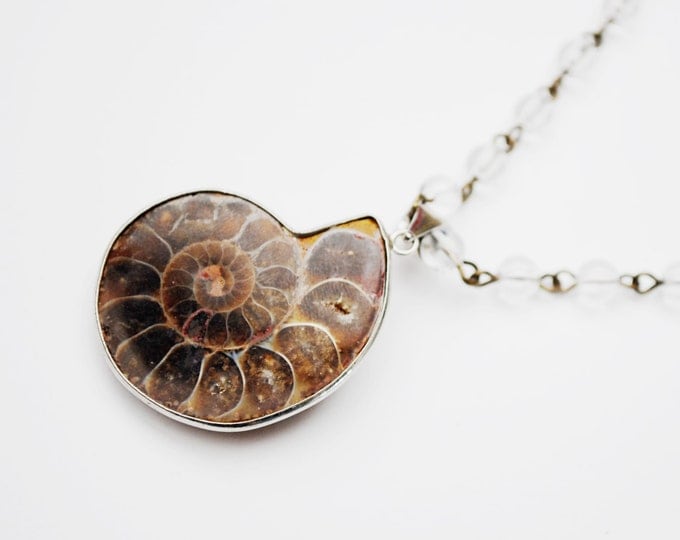 Ammonite pendant Necklace - polished quartz bead - Handmade Necklace