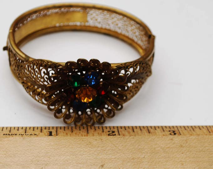 Art Deco Nouveau Gold Filigree Flower Bracelet - colorful Rhinestone - gold plated open work - Sliding Hinged Bangle