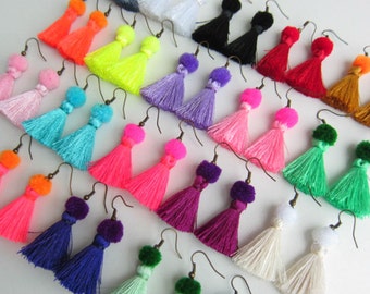 Silk Tassel Earrings, Pom Pom Earrings, Festival Earrings, Funky Silk Tassel Earrings, Neon Colorful BOHO Jewelry,Assorted Colors