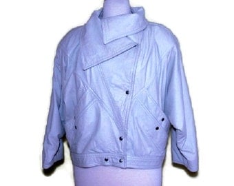 White Leather Jacket Women's Bat Sleeves Genuine Vintage 90s Fully Lined Size M
