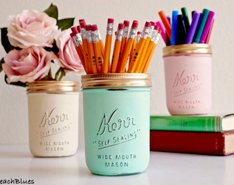 Dorm Decor / Office Decor / Pencil holder / Desk / Painted Mason Jars / Summer home decor / Mint Cream Pink / set of 3 wide mouth pints