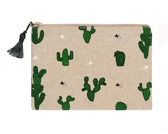Linen Look Purse Pencil Case Make Up Bag Cactus Natural