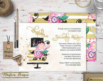 Oh Baby, Couture Cake Baby Shower Invitation. Gold Cake Topper, Pink, Gold, Black, Floral, Glam Baby Shower Invitation, Sparkle DIGITAL FILE