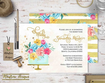 Oh Baby, Couture Cake Baby Shower Invitation. Gold Cake Topper, Pink, Gold, Pastel Floral, Glam Baby Shower Invitation, Sparkle DIGITAL FILE