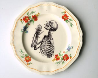 Vintage Anatomical Skeleton Praying Hands Plate Altered Art gothic
